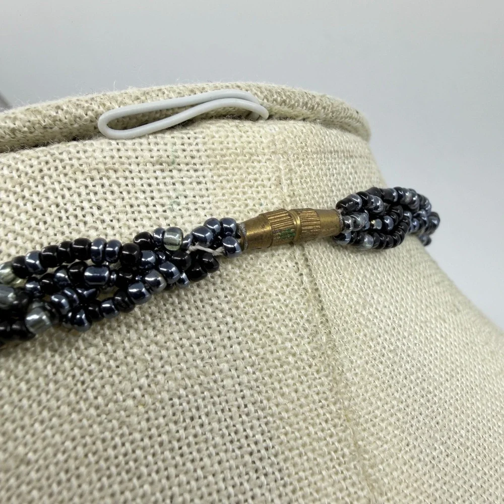 Necklace Black Seed Bead Multi Strand Gray Faux Pearl Boho Statement Collar Gold